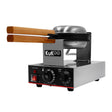 Stainless steel KuKoo single waffle maker with wooden handles, adjustable temperature dial, and timer for perfect waffles