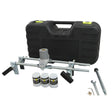 T-Mech Mortice Jig set featuring a sturdy black carrying case, metal frame, adjustable components, and three white lubricant containers