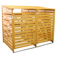 Wooden double wheelie bin storage with slatted design, featuring a sloped roof and sturdy hinges, ideal for outdoor waste management