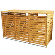 Wooden triple wheelie bin storage with slatted design, featuring a natural finish and a sturdy roof for weather protection