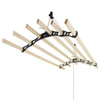 Ceiling-mounted clothing airer with black pulley system and five natural wood drying rods, ideal for space-saving laundry solutions