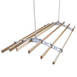 Ceiling-mounted clothing airer in white with five wooden drying rods, featuring a sturdy pulley system for easy use