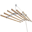 Ceiling-mounted clothing airer with white frame and natural wood drying rods, designed for efficient space-saving laundry drying