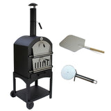 Black KuKoo outdoor pizza oven with stainless steel doors, chimney, and wooden-handled pizza peel for outdoor cooking