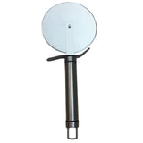 Stainless steel pizza cutter with a round blade and ergonomic black handle, designed for easy slicing of pizzas and flatbreads