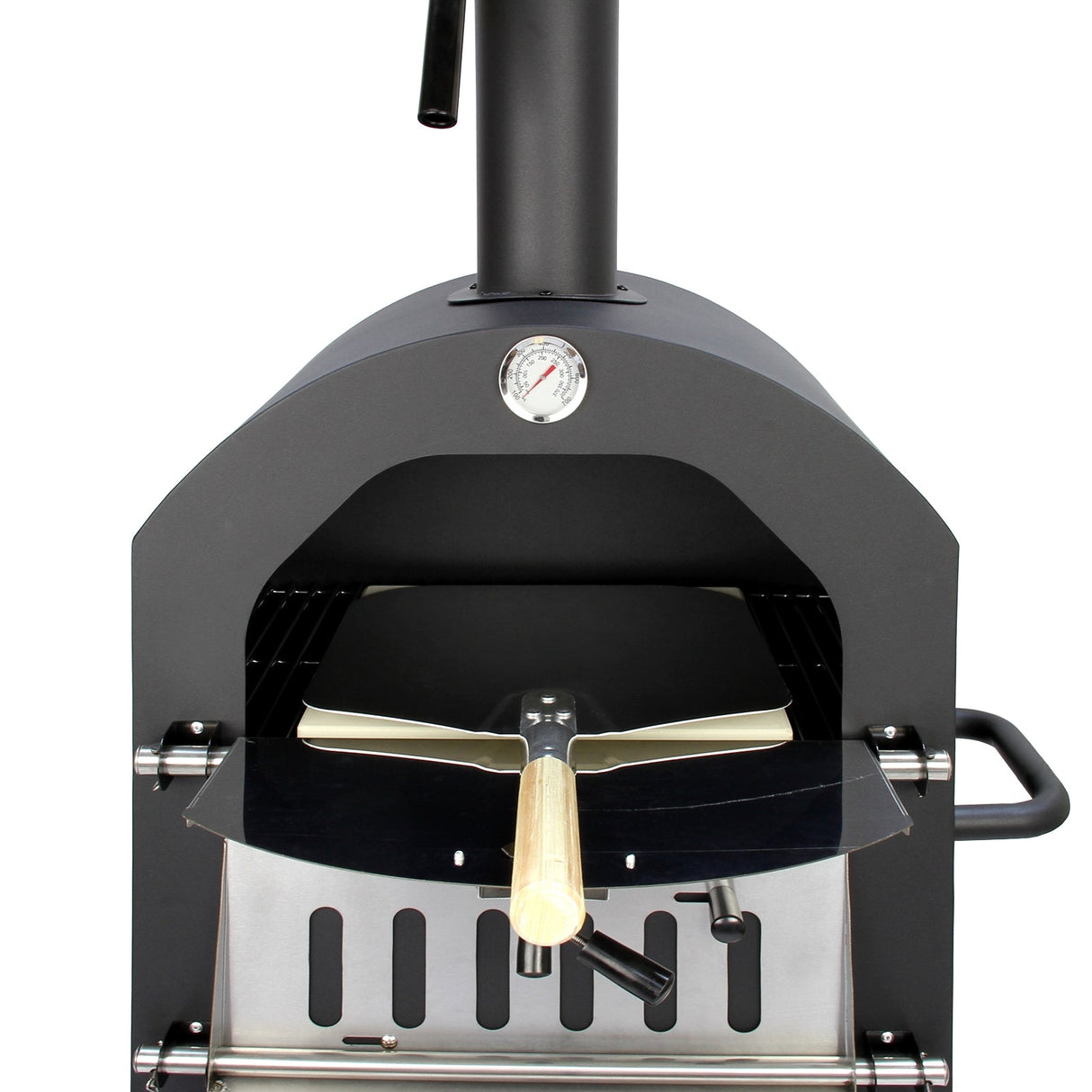 Black KuKoo outdoor pizza oven with a wooden pizza peel, featuring a round thermometer and a sleek, modern design for outdoor cooking