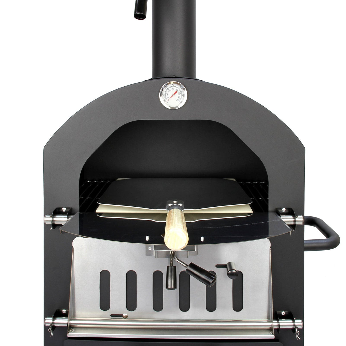Black KuKoo outdoor pizza oven with a stainless steel front, a wooden pizza peel, and a built-in thermometer for precise cooking