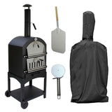 Black KuKoo outdoor pizza oven with stainless steel accents, pizza peel, cutter, and protective cover, ideal for backyard cooking