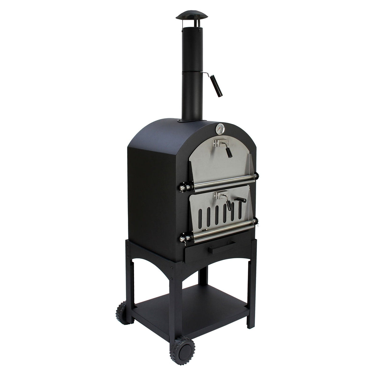 Black KuKoo outdoor pizza oven with stainless steel door, chimney, and wheels for easy mobility, perfect for backyard cooking