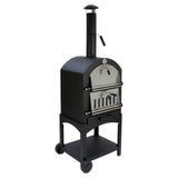 Black KuKoo outdoor pizza oven with stainless steel door, chimney, and wheels for easy mobility, perfect for backyard cooking