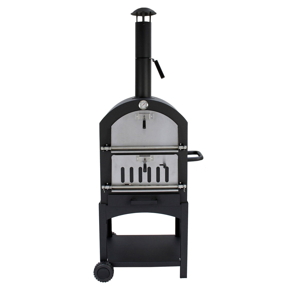 Stainless steel outdoor pizza oven with a black frame, chimney, and a built-in thermometer, designed for grilling and baking pizzas