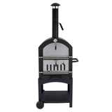 Stainless steel outdoor pizza oven with a black frame, chimney, and a built-in thermometer, designed for grilling and baking pizzas