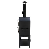Sleek black KuKoo outdoor pizza oven with a chimney, sturdy legs, and a protective cover, ideal for backyard cooking adventures