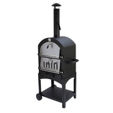 Black KuKoo outdoor pizza oven with stainless steel doors, a chimney, and a sturdy wheeled base for easy mobility