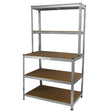 Galwix workbench shelving unit with four sturdy, adjustable shelves, featuring a metallic frame and smooth, brown particleboard surfaces