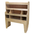 Wooden transporter van rack with multiple shelves, featuring a smooth finish and sturdy construction for organizing tools and equipment
