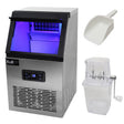Stainless steel KuKoo commercial ice machine with blue interior light, digital display, ice scoop, and clear ice container