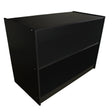 Sleek black retail shop counter with a minimalist design, featuring a smooth surface and open storage space for easy access