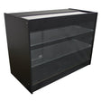 Sleek black retail display cabinet with three glass shelves, perfect for showcasing products in a modern store setting