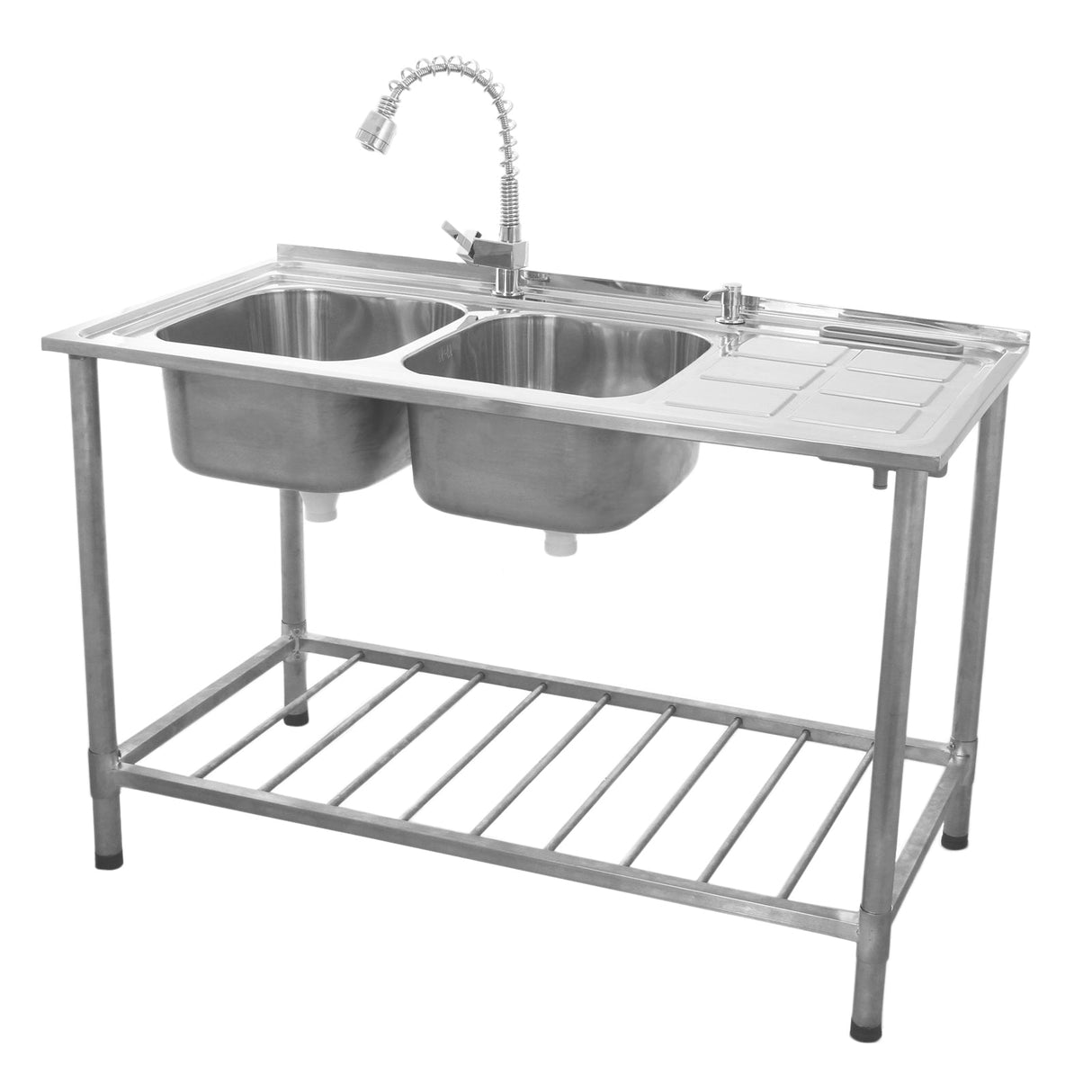 Stainless steel commercial catering sink with double bowls, right-hand drainer, and adjustable faucet on a sturdy frame