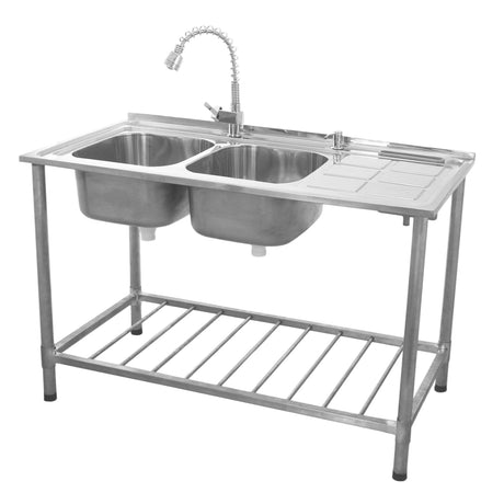 Stainless steel commercial catering sink with double bowls, right-hand drainer, and adjustable faucet on a sturdy frame