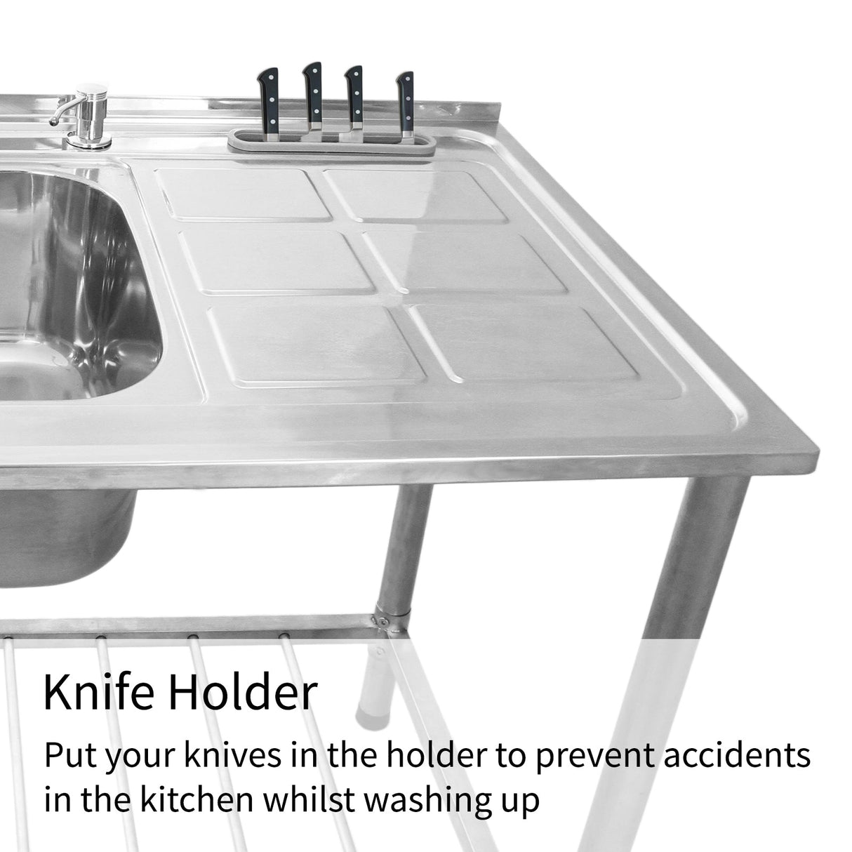 Stainless steel double bowl catering sink with right-hand drainer, featuring a knife holder for safe kitchen use and easy cleaning