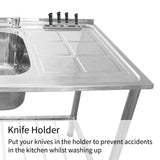 Stainless steel double bowl catering sink with right-hand drainer, featuring a knife holder for safe kitchen use and easy cleaning