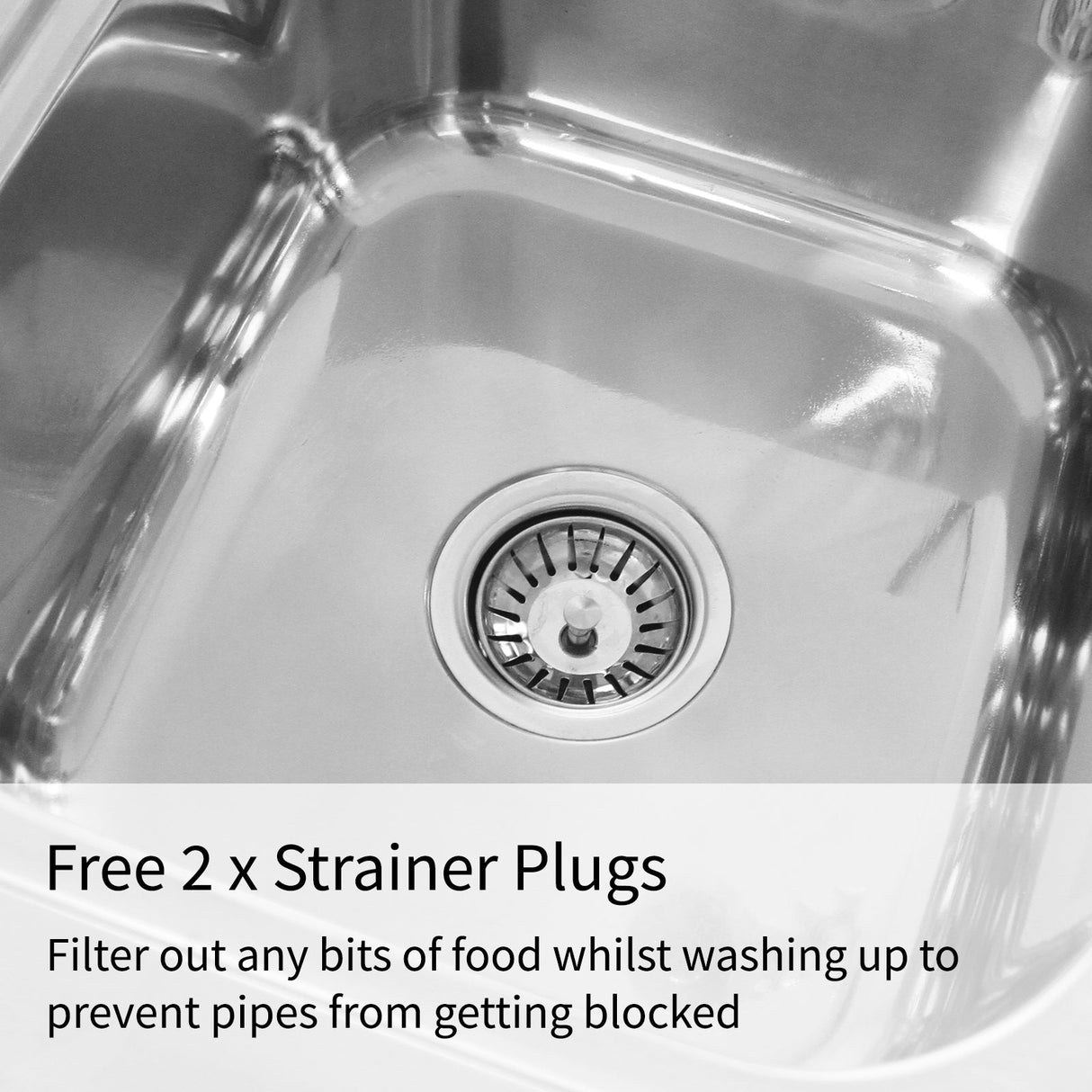 Stainless steel double bowl catering sink with a right-hand drainer and included strainer plugs for efficient food filtering