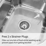 Stainless steel double bowl catering sink with a right-hand drainer and included strainer plugs for efficient food filtering