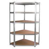 Sturdy silver metal corner shelving unit with five wooden shelves, designed for efficient garage storage and organization
