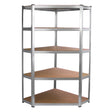 Sturdy Galwix corner racking unit, 90cm wide, featuring a sleek silver metal frame and five spacious wooden shelves for optimal storage