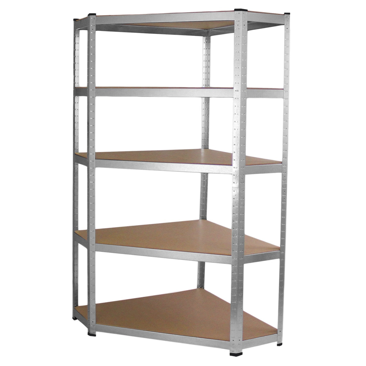 Corner shelving unit with five sturdy, adjustable shelves, featuring a sleek silver metal frame and smooth wooden surfaces