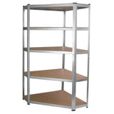 Corner shelving unit with five sturdy, adjustable shelves, featuring a sleek silver metal frame and smooth wooden surfaces