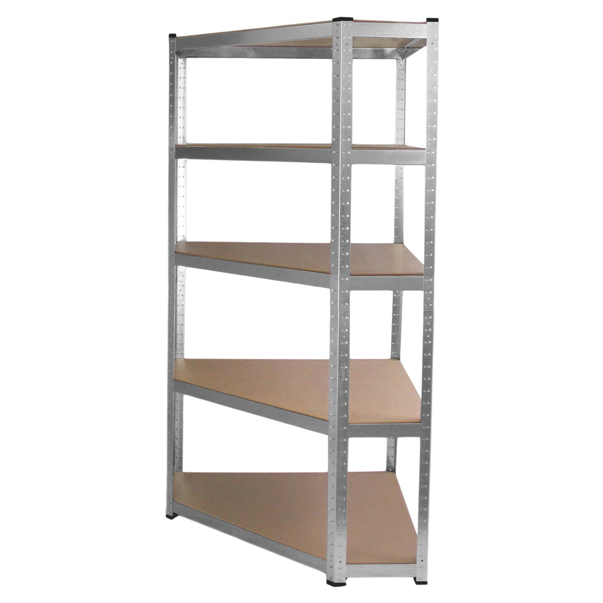 Sturdy silver metal racking unit with five wooden shelves, ideal for garage storage and organization, featuring a sleek design