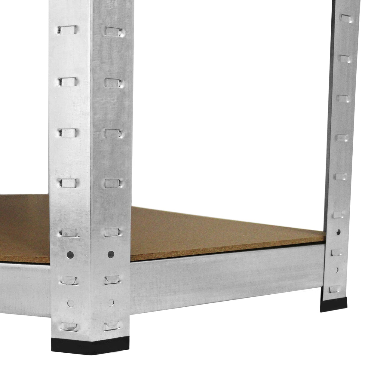 Sturdy silver metal racking with a wooden shelf, featuring adjustable slots and black rubber feet for stability and support