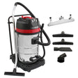MAXBLAST 80L industrial vacuum with a shiny silver metal body, red accents, and multiple floor nozzle attachments for versatile cleaning