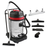 MAXBLAST 80L industrial vacuum with a shiny silver metal body, red accents, and multiple floor nozzle attachments for versatile cleaning