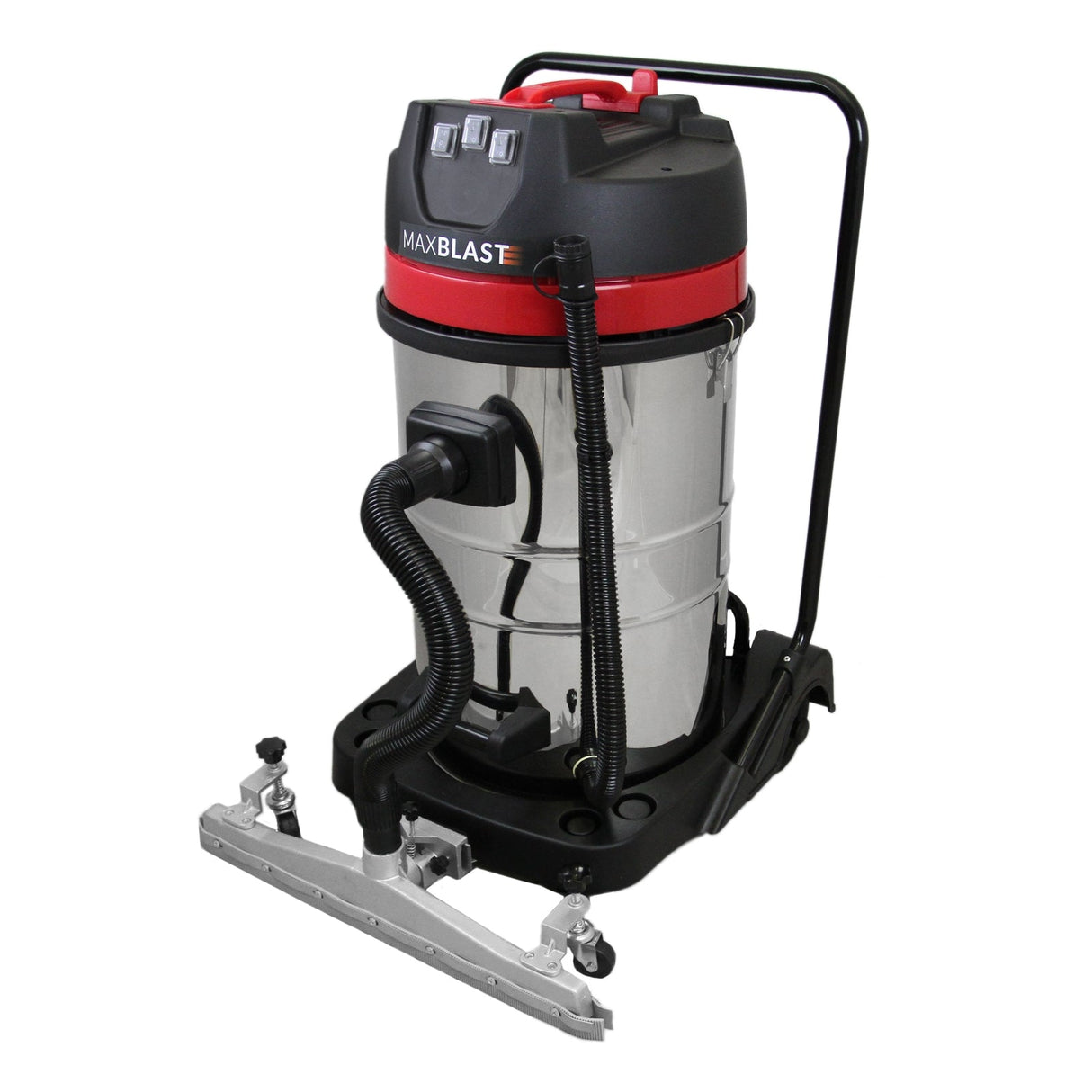 MAXBLAST 80L industrial vacuum with a shiny silver metal body, red accents, flexible hose, and floor nozzle attachment for efficient cleaning