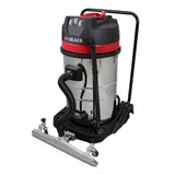 MAXBLAST 80L industrial vacuum with a shiny silver metal body, red accents, flexible hose, and floor nozzle attachment for efficient cleaning