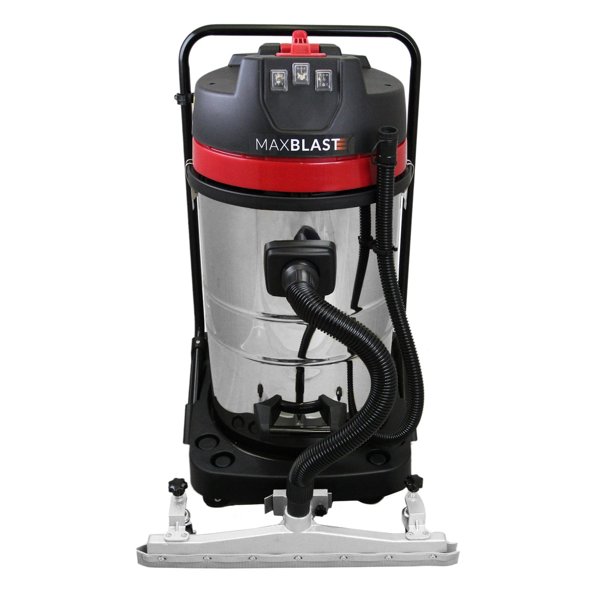 MAXBLAST 80L industrial vacuum with a shiny stainless steel body, red accents, and a black floor nozzle attachment for efficient cleaning