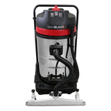MAXBLAST 80L industrial vacuum with a shiny stainless steel body, red accents, and a black floor nozzle attachment for efficient cleaning