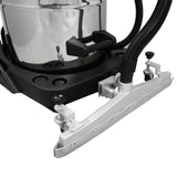 Shiny stainless steel industrial vacuum with a black base and a silver floor nozzle attachment for efficient cleaning