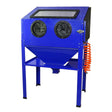 MAXBLAST 220L sandblasting cabinet featuring a sturdy blue metal frame, large viewing window, and dual hand ports for easy operation