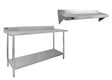 Stainless steel catering bench with a smooth surface, sturdy legs, and two wall-mounted shelves for efficient kitchen storage