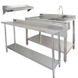 Stainless steel catering bench with a left-hand sink drainer, two wall-mounted shelves, and a sleek, polished finish