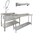 Stainless steel commercial sink with pre-rinse tap, 6ft catering bench, and two wall-mounted shelves, ideal for kitchens