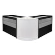 Stylish black and white retail shop counters with sleek glass displays, featuring a modern curved design for an elegant presentation