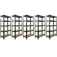 Five black metal racking units with five shelves each, measuring 75cm x 150cm x 30cm, featuring a sturdy design and smooth surfaces