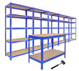 Boltless 5-tier garage shelves in vibrant blue with sturdy particleboard surfaces, ideal for maximizing storage space and organization