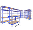 Five-tier blue boltless garage shelves with sturdy wooden shelves, designed for efficient storage and organization in garages